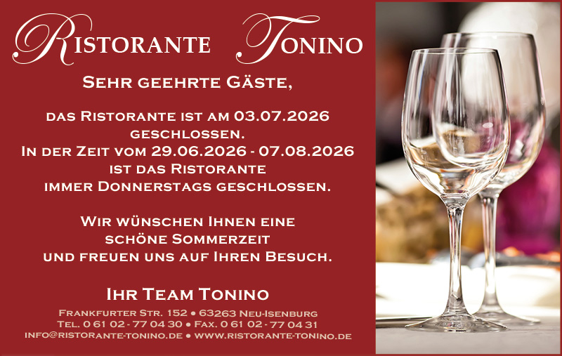 Sommerhinweis im Ristorante Tonino
